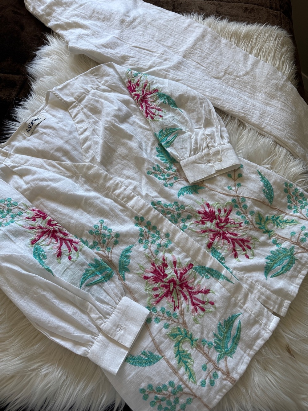 White Embroidered Floral Linen co cord set